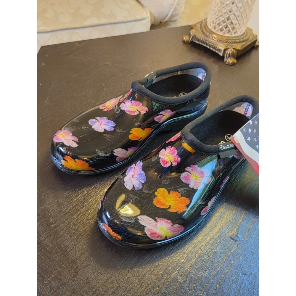 NEW! Sloggers Wms Waterproof Bold Floral Garden Shoes Multi Pansy Sz 7 Made USA